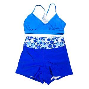 NWOT | Royal Blue & Floral High-Waisted Two-Piece Swimsuit Set | Small